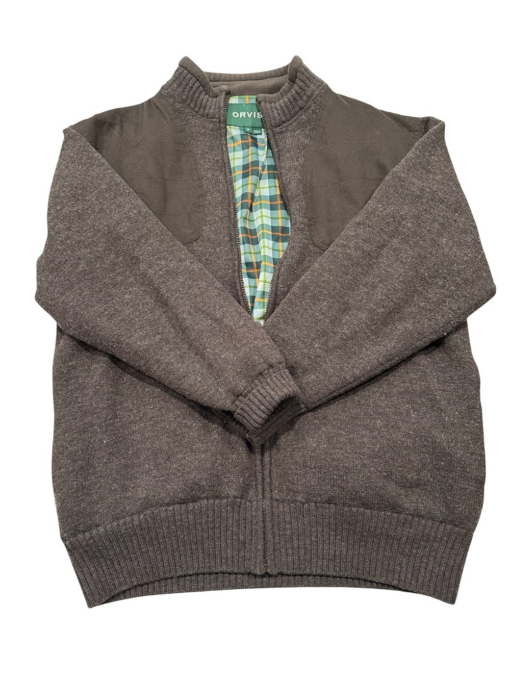 Orvis Men's Gray Wool Full Zip Sweater M Plaid Lining Long Sleeve‎ Knit